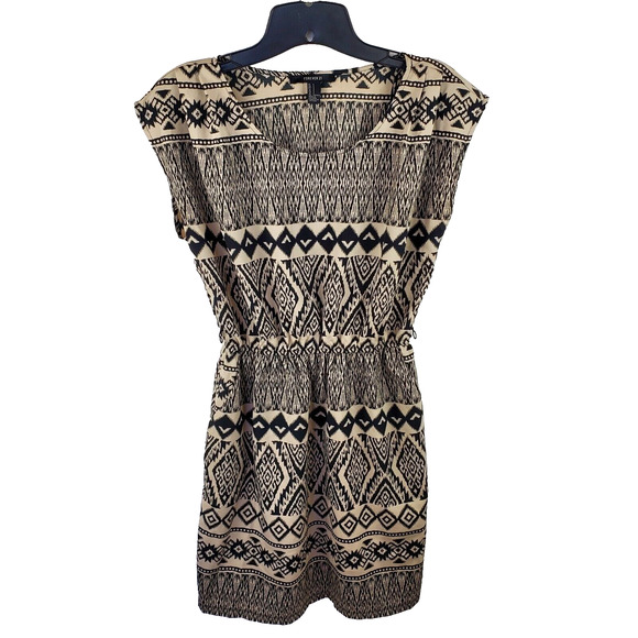 Forever 21 Blouson Dress Womens Small Midi Black Tan Aztec Print Pockets - Picture 1 of 15